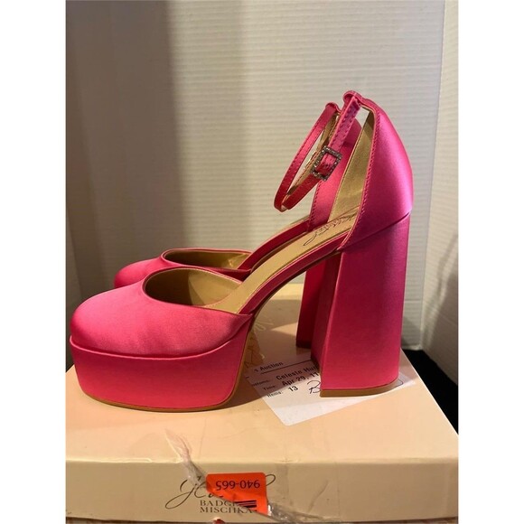 NEW | Jewel Badgley Mischka Pink Satin Rainbow Chunky Platforms JW4628 Sz 8 - Picture 3 of 4